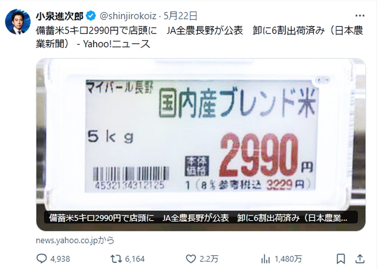 小泉進次郎農林水産相 米 X