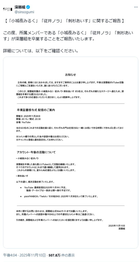 深層組 従井ノラ 刺杉あいす 小城夜みるく 卒業 X